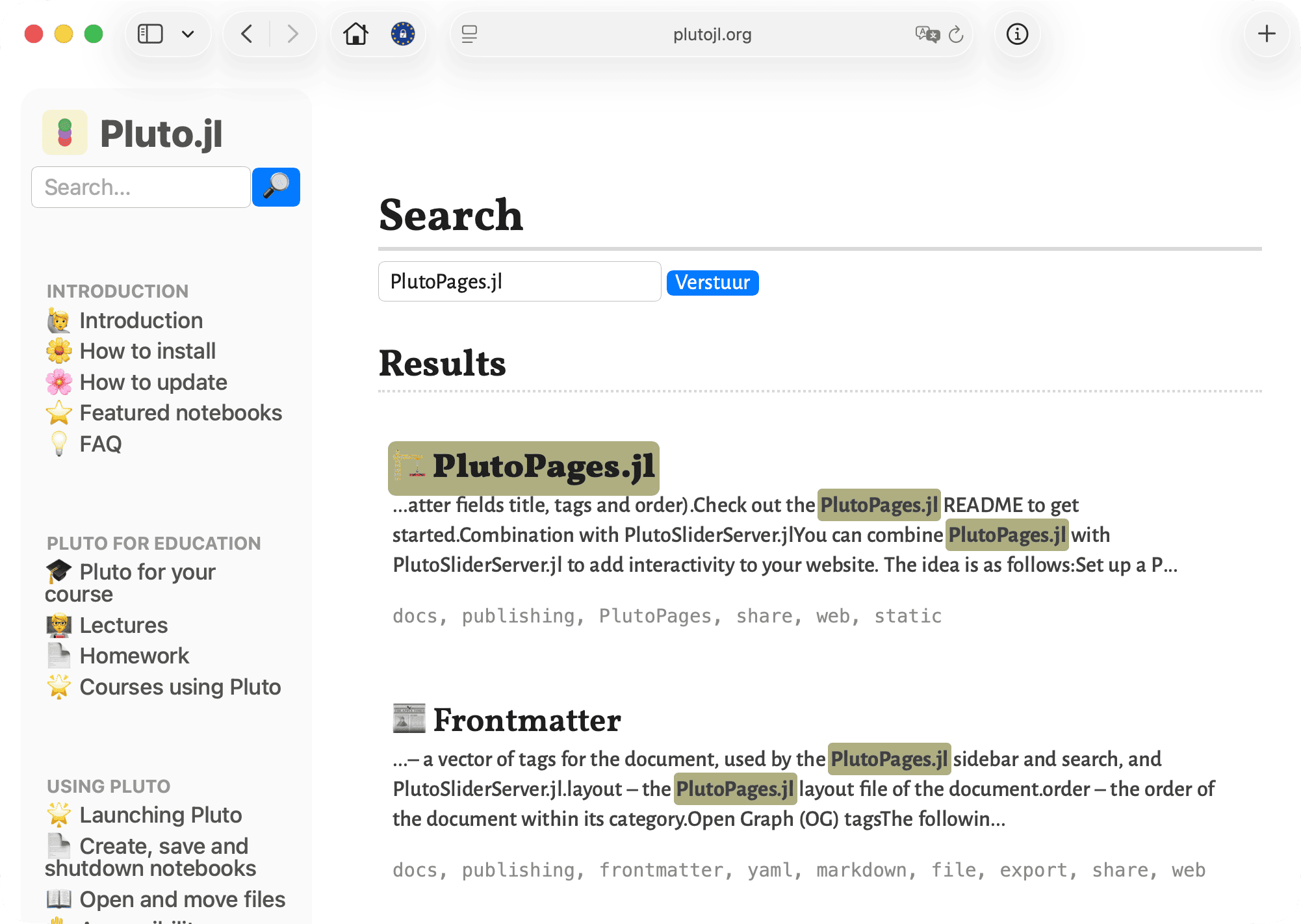 screenshot of the search page of a website generated with PlutoPages